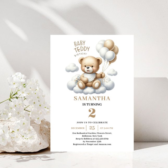 Barn Födelsedag Teddybjörn Guld Elfenben Festinbju Inbjudningar (Kids Birthday Teddy Bear Gold Ivory Party Invite)