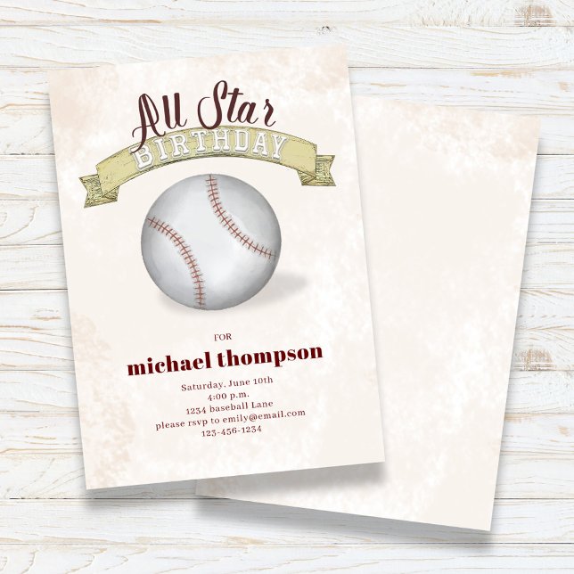Barn Födelsedagsfest Vintage Baseball Anpassningsb Inbjudningar (All Star Birthday Party Custom Invitation.)