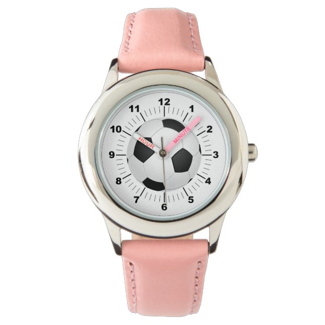 Barn Fotbolls-Rosa-läderband Armbandsur (Framsida)