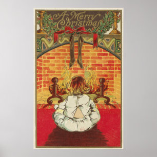Barn framför Fireplace Poster