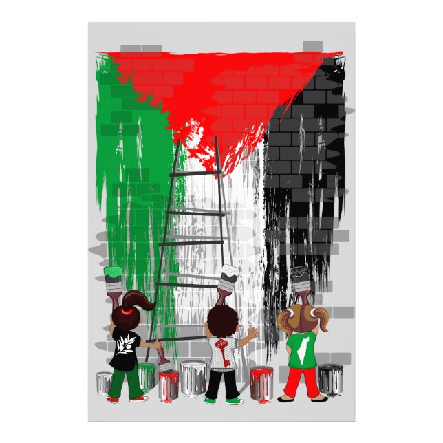 Barn från Gaza målar palestinsk flagga  Fototryck (Framsidan)