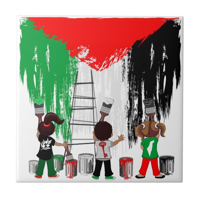 Barn från Gaza målar palestinsk flagga  Kakelplatta (Framsidan)