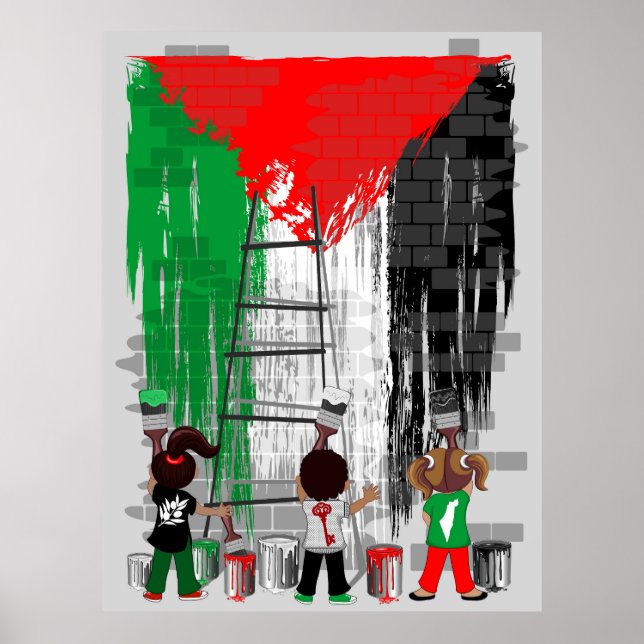 Barn från Gaza målar palestinsk flagga  Poster (Framsidan)