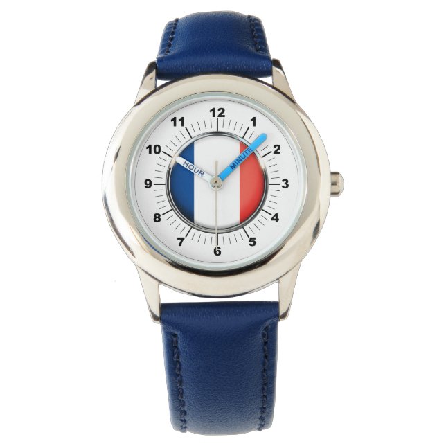 Barn Frankrike Flagga Blue Leather Strap Watch Armbandsur (Framsida)