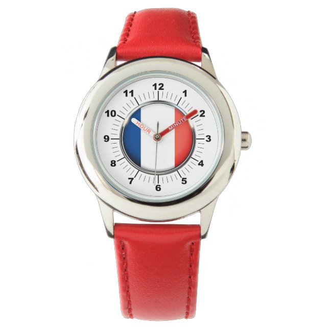 Barn Frankrike Flagga Stainless Steel Red Number Armbandsur (Framsida)