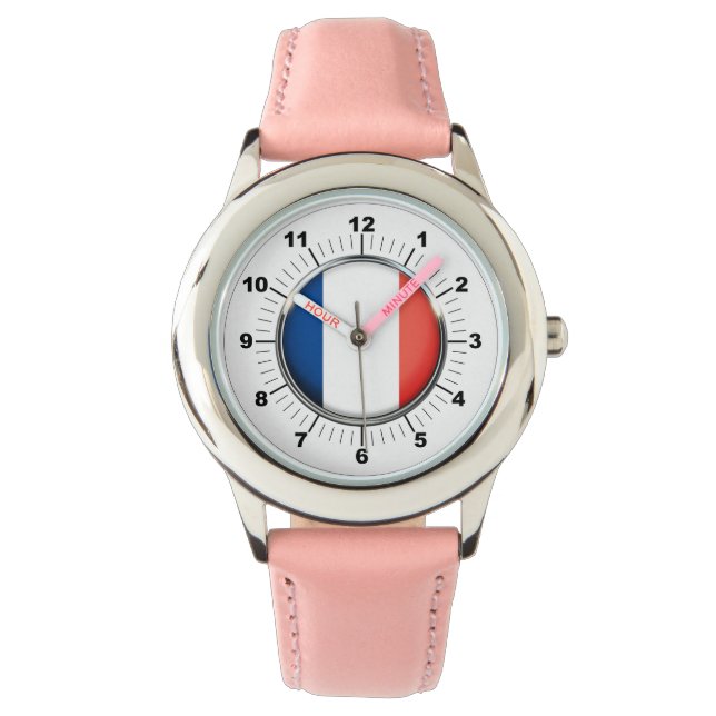 Barn Frankrike Flagga Stainless Steel Rosa Hearear Armbandsur (Framsida)