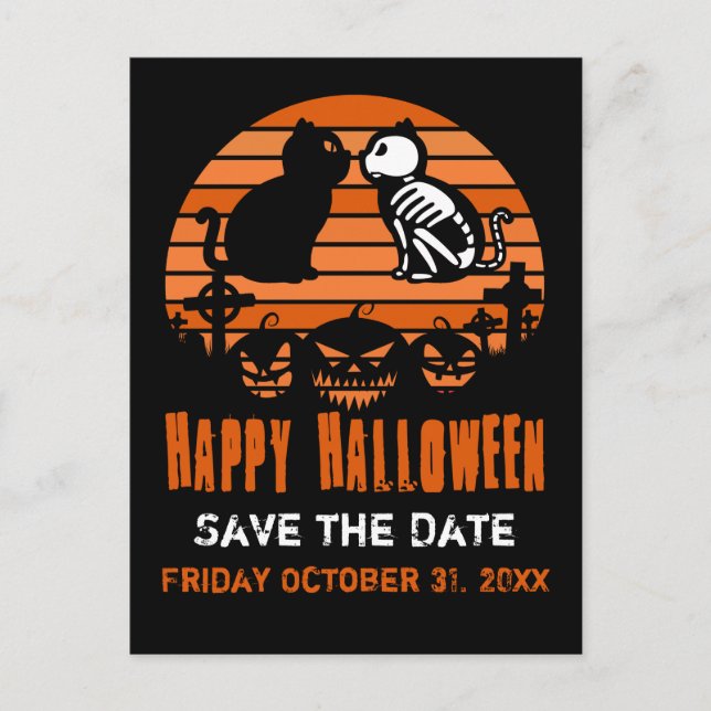 Barn Glad Halloween Skelett Katt Retro Solnedgång Meddelande Vykort (Framsida)