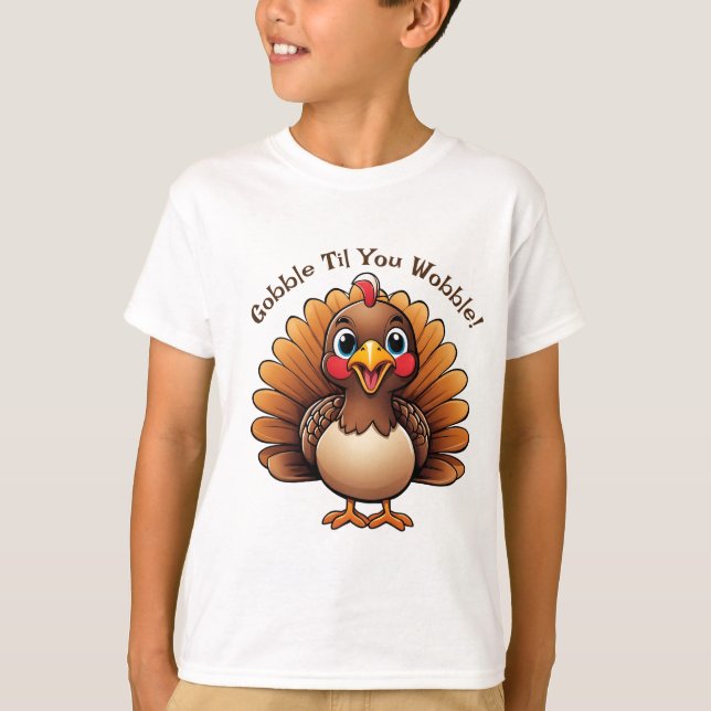 Barn "Gobble Til You Wobble" T-Shirt med kalkon (Framsida)
