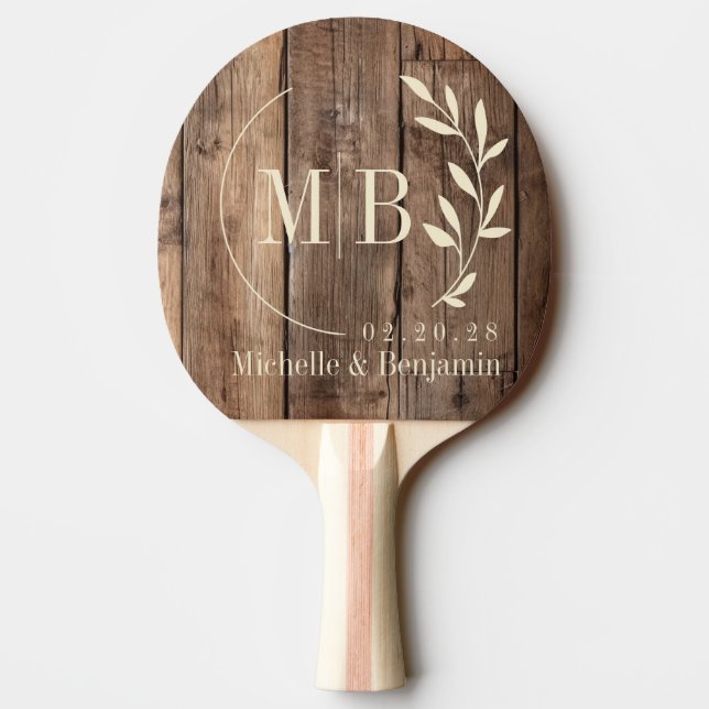 Barn Golv Brädor Blad Bröllop Monogram Pingisracket (Baksidan)