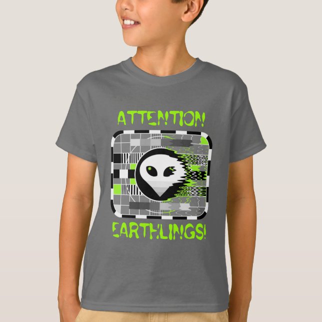 Barn-grått: "ATTENTION EARTHLINGS!" Tee Shirt (Framsida)