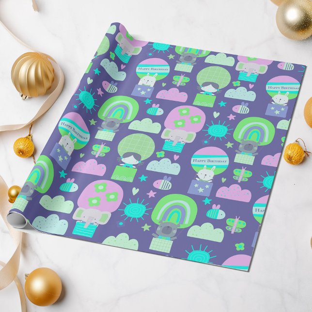 Barn Grattis på födelsedagen Lila Rosa  Cute Anima Presentpapper (Skapare uppladdad)