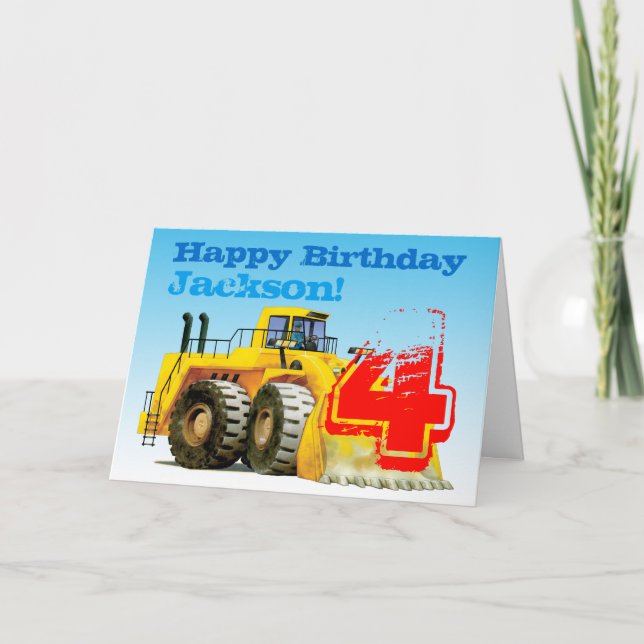 Barn Gult Digger 4e födelsedagen Kort (Framsida)