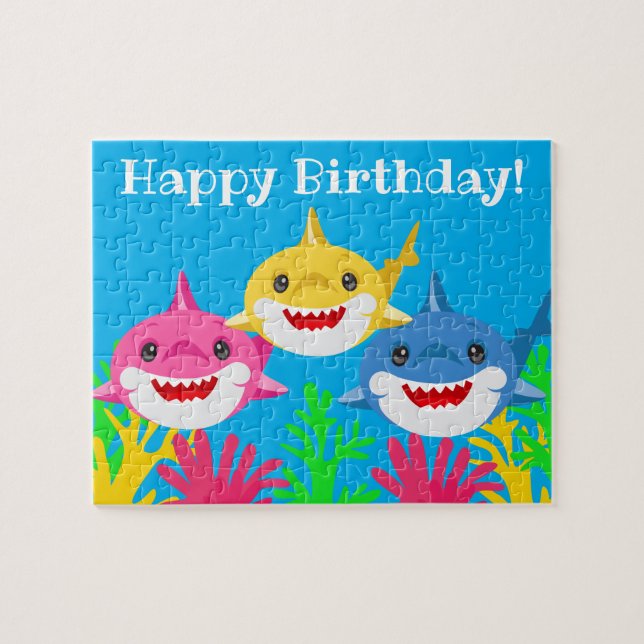 Barn Gult Shark & Family Birthday Pussel (Horisontell)