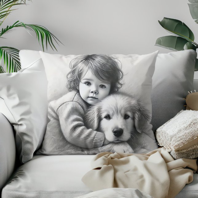 Barn & Hund Osculdighet Infångad Skiss Effekt Kudde (Skapare uppladdad)