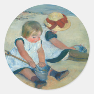Barn i Beach Mary Cassatt vykort Runt Klistermärke