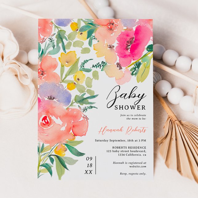 Barn i blommigten i trädgårdsodling med låg fettha inbjudningar (Bright bold boho garden floral baby shower invitation)
