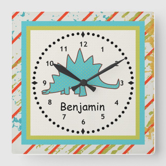 Barn i Dinosaur Wall Clock Blue Stegosaurus Fyrkantig Klocka (Framsida)