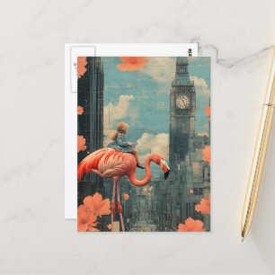 Barn i en blå resväg på en Rosa Flamingo Vykort