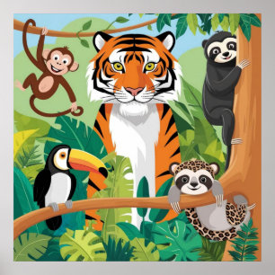 Barn i jungle Tiger Monkey Bird Poster