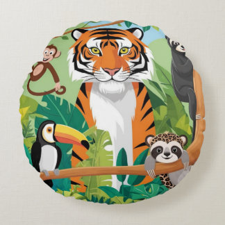Barn i jungle Tiger Monkey Bird Rund Kudde