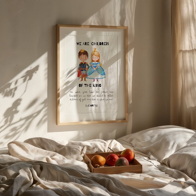 Barn i Kung Christian Nursery Print Poster (Framed "Children of the Most High King" Christian nursery print on wall above bed with fruit tray.)