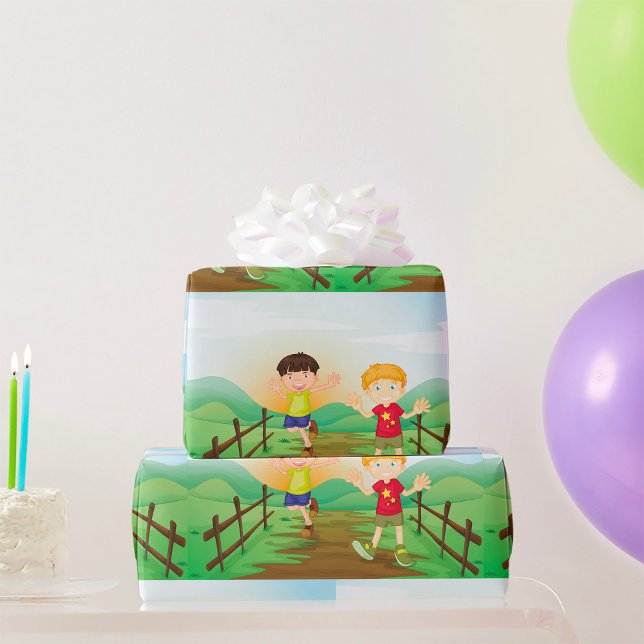 Barn i lycklig som spelar utomhus presentpapper (Skapare uppladdad)