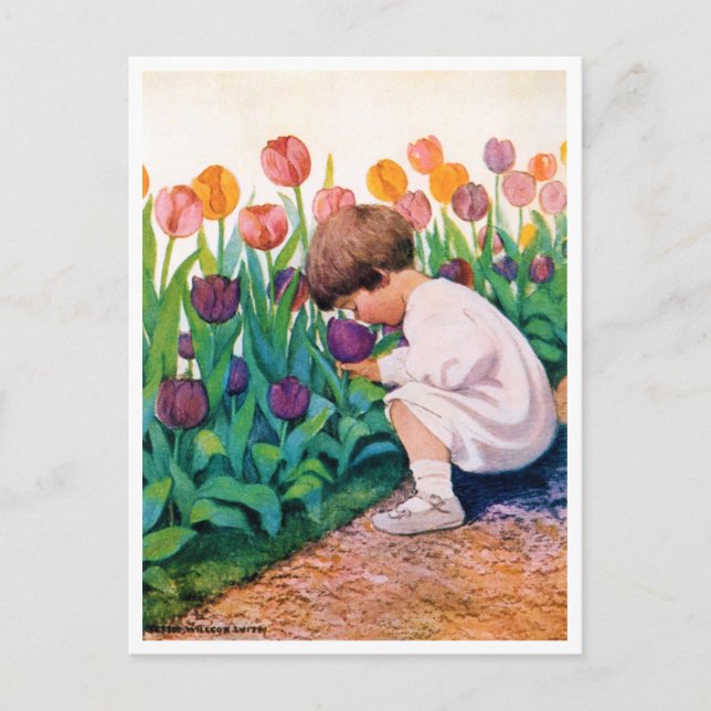 Barn i Tulip Blomsterträdgård, Jessie Willcox Smit Vykort (Framsida)