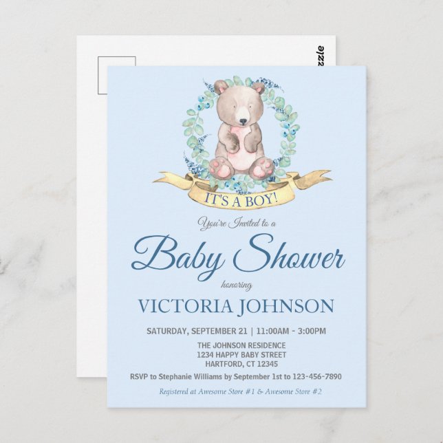 Barn i vattenfärgen Bear Blue Blommigt Boy Shower  Vykort (Fram/baksida)