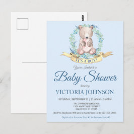 Barn i vattenfärgen Bear Blue Blommigt Boy Shower  Vykort