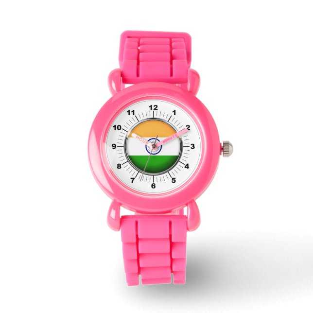 Barn India Flagga Rosa Glitter Strap Watch Armbandsur (Framsida)