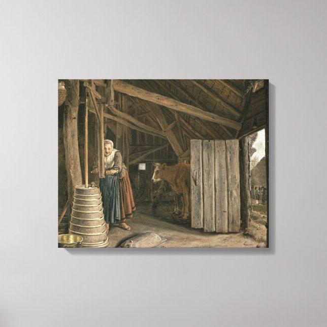 Barn Insida med ett Maid Churning Butter Canvastryck (Framsida)