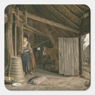 Barn Insida med ett Maid Churning Butter Fyrkantigt Klistermärke