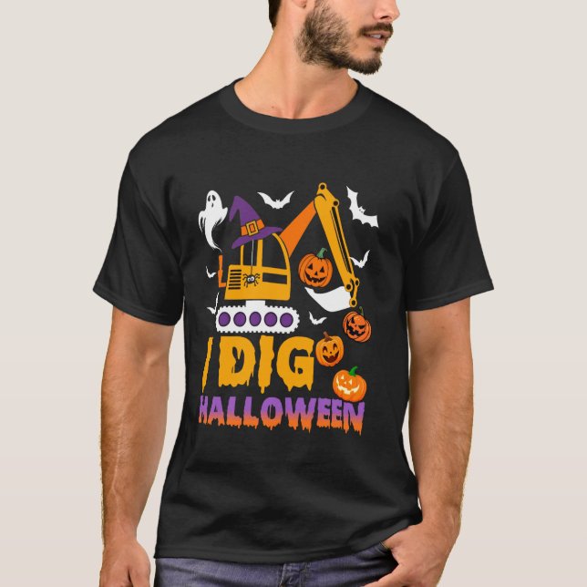 Barn jag Gräver Halloween-traktorns byggdigger T T Shirt (Framsida)
