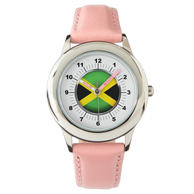 Barn Jamaica Flagga Rosa Leather Strap Watch Armbandsur (Framsida)