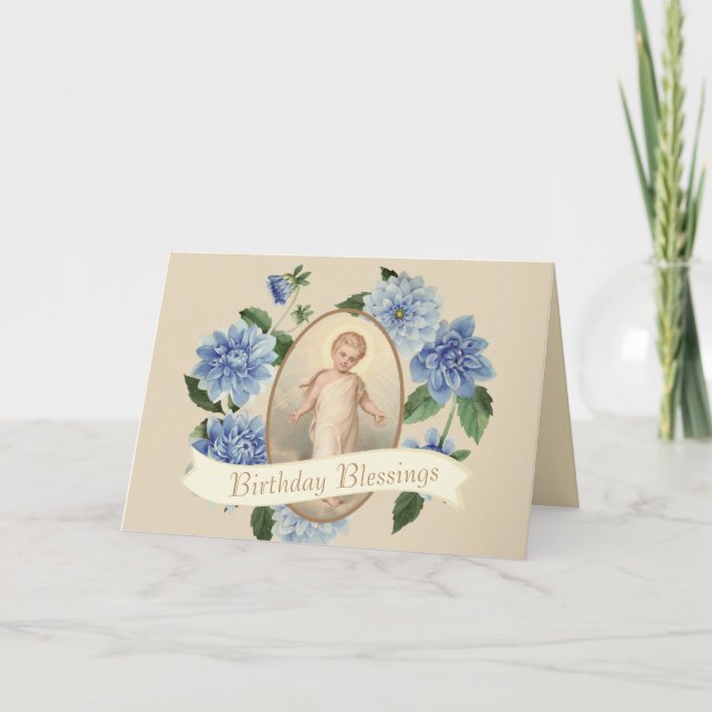 Barn Jesus Blå Blomsterkrans Religiös Kort (Framsida)