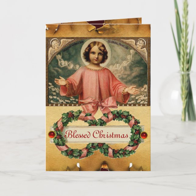 BARN JESUS MED ÄNGLAR OCH CHRISMAS KRONA HELGKORT (Framsida)