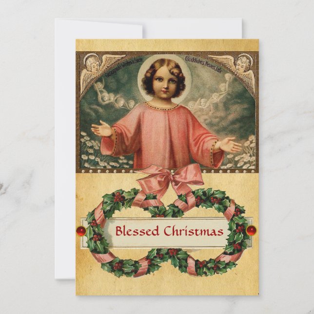 BARN JESUS MED ÄNGLAR OCH CHRISTMAS KRONA INBJUDNINGAR (Framsida)
