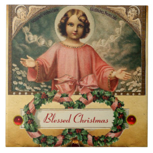 BARN JESUS MED ÄNGLAR OCH CHRISTMAS KRONA KAKELPLATTA