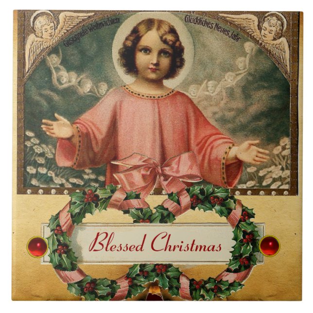 BARN JESUS MED ÄNGLAR OCH CHRISTMAS KRONA KAKELPLATTA (Framsidan)