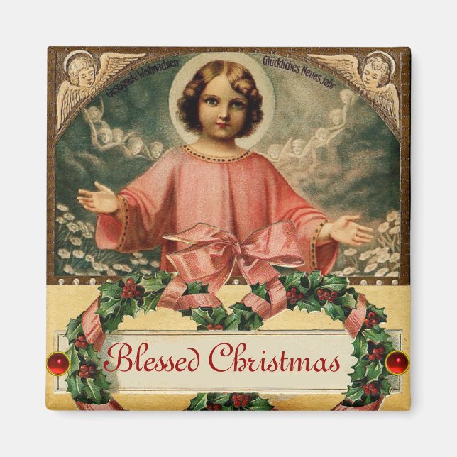 BARN JESUS MED ÄNGLAR OCH CHRISTMAS KRONA MAGNET (Framsidan)