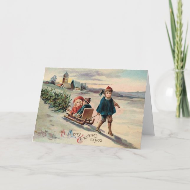 Barn Julgran Sled Sleigh Helgkort (Framsida)