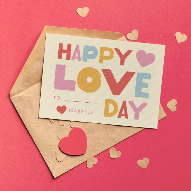 Barn Klassrum Alla hjärtans dag Söt Block Typ Anteckningskort (kids classroom Valentine's Day card with cute blocky typography that says "happy love day")