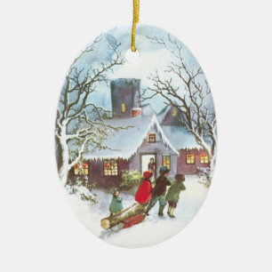 Barn kommer med hem- Yule loggar vintagejul Julgransprydnad Keramik
