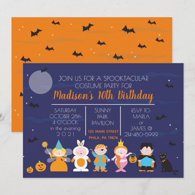 Barn kostym födelsedagsfest Halloween inbjudan (Fram/baksida)