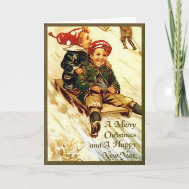 Barn kul släde gammal look God Jul Tack Kort (Framsida)
