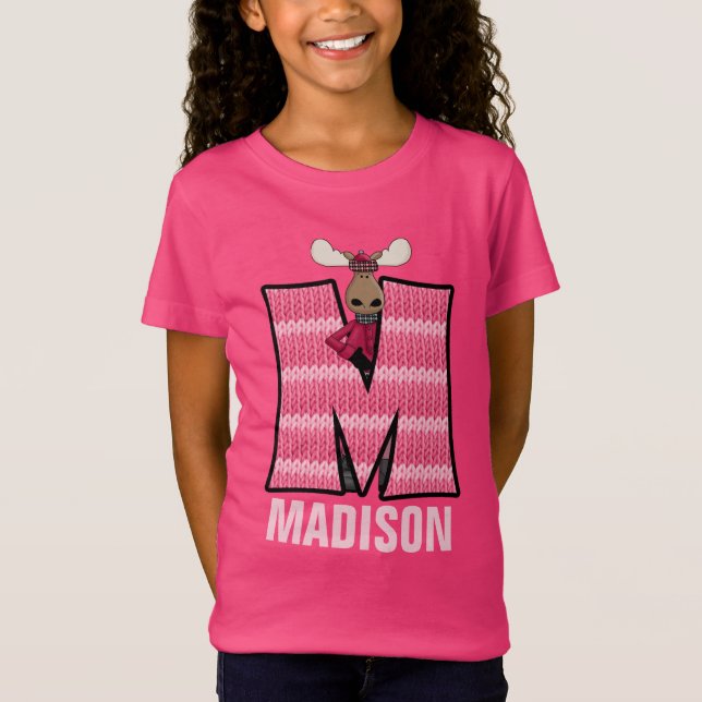 Barn ’M’ Monogrammed | Rosa Sticka Moose T-shirt (Framsida)