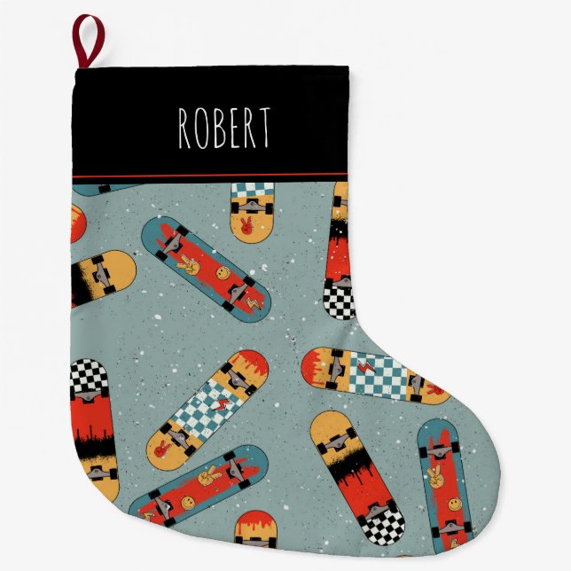 Barn med blå Coola i Retro Skateboard Stor Julstrumpa (Framsidan)