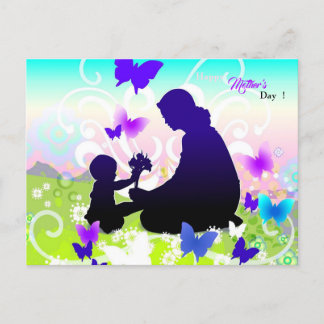 barn med blommor och mor vykort