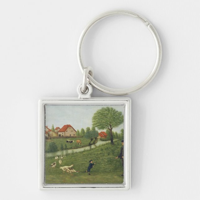 Barn med gäss fyrkantig silverfärgad nyckelring (Framsidan)