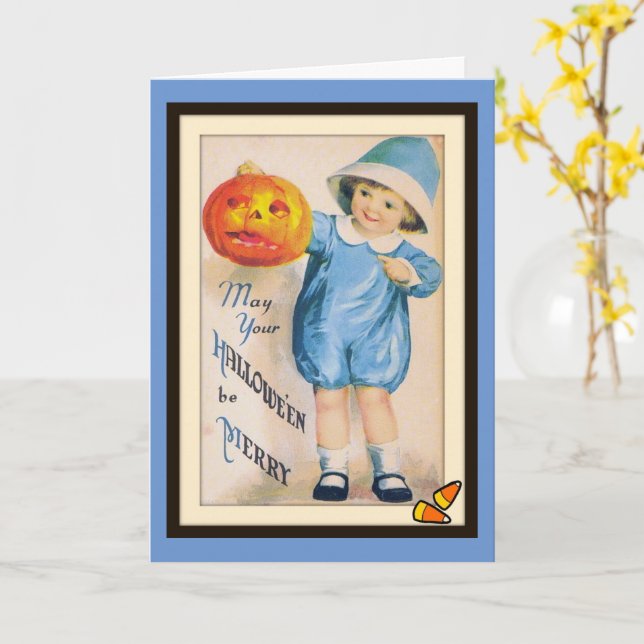 Barn med Halloween Jack O' Lantern-kort Kort (Gul blomma)